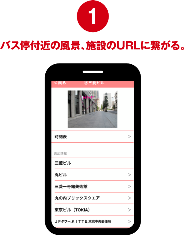 1 バス停付近の風景、施設のURLに繋がる。